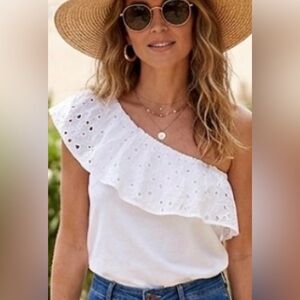 Mango White Ruffled One-Shoulder Blouse